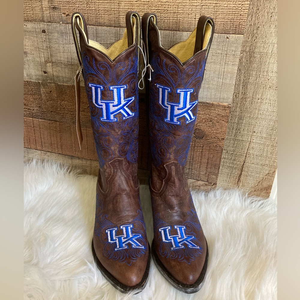 Brown and Blue Embroidered Heeled Boots